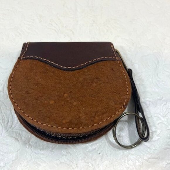 VTG Brown Leather Suede Coin Wallet Change Zip Purse Pouch Key Chain - Picture 4 of 12